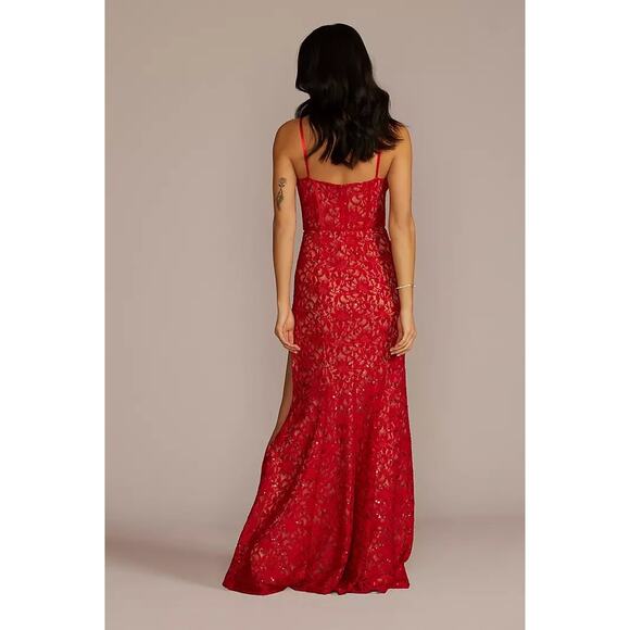 Galina Signature Dress Red Allover Lace Corset Sheath with Side Slit - Picture 3 of 9